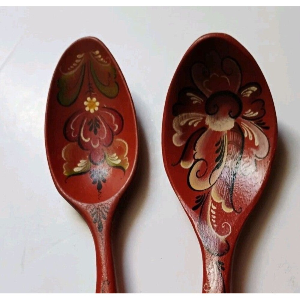 Vtg 1993 Signed Julie Anne Droivold Norwegian Rosemaling Wooden Spoon Set Folk
